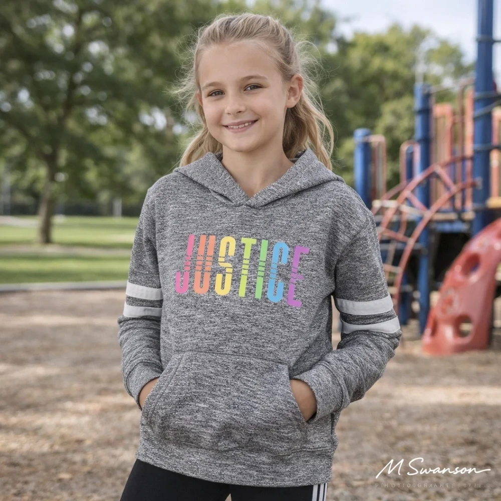 Justice Girls Gray Rainbow Logo Hoodie Sweatshirt Size 7 Striped Sleeve Pullover